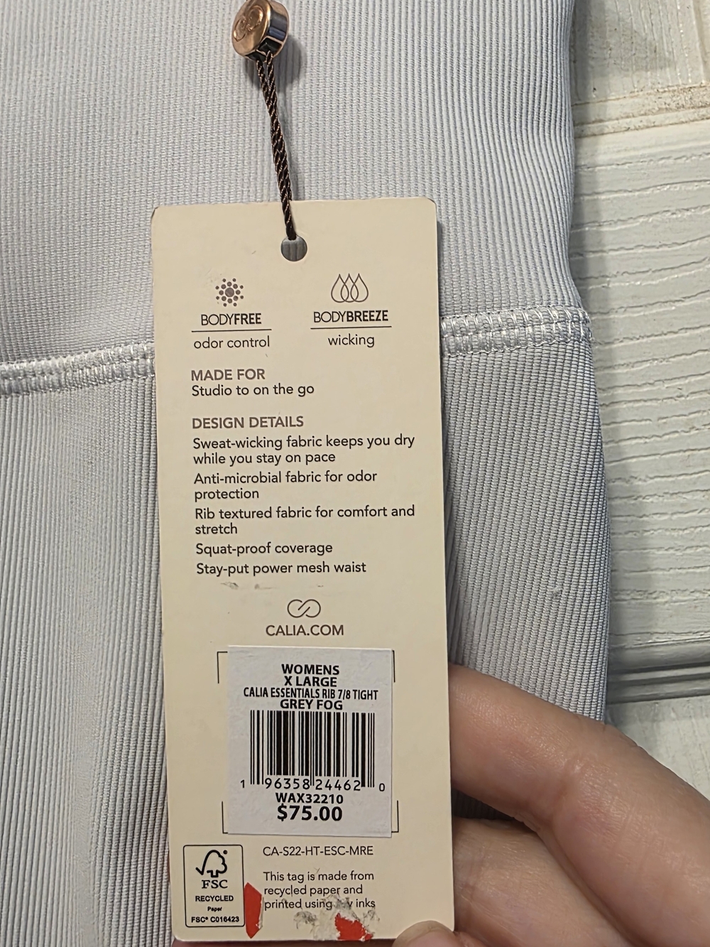 Calia Essentials Rib 7/8 Tight - Grey Fog, Sz XL, NWT